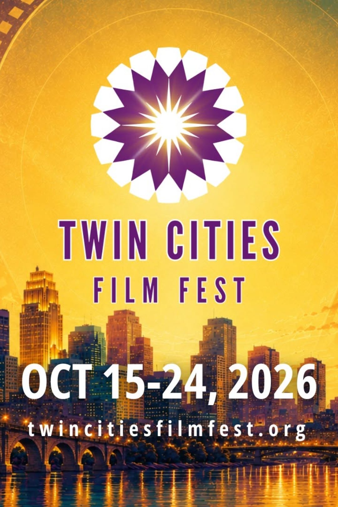 In purple text " Twin Cities Film Fest" with white text displaying "Oct 15-24, 206" with a picture of twin cities background