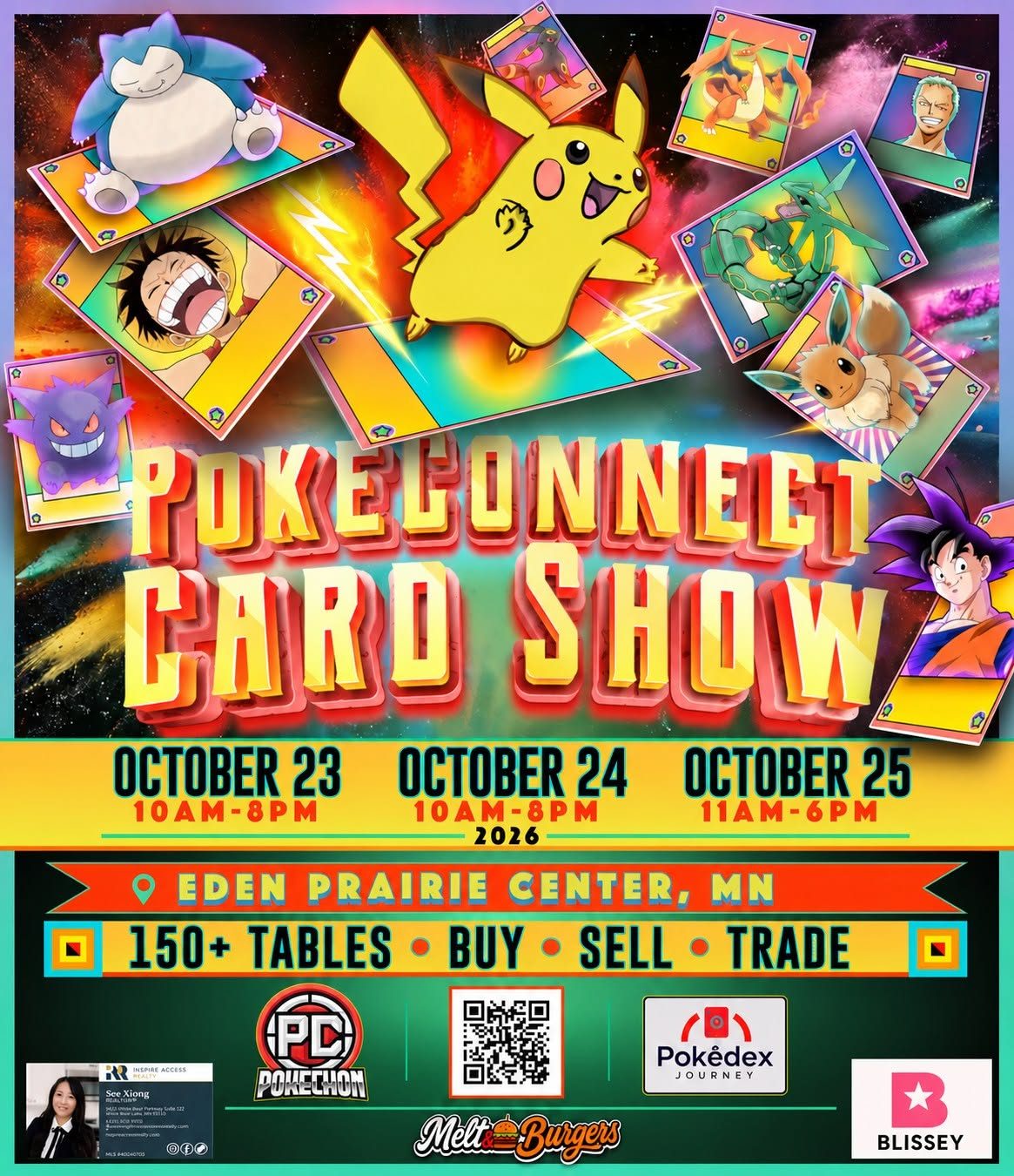 "Pokeconnect Card Show" in large yellow red text with event details and picture of pokemon cards