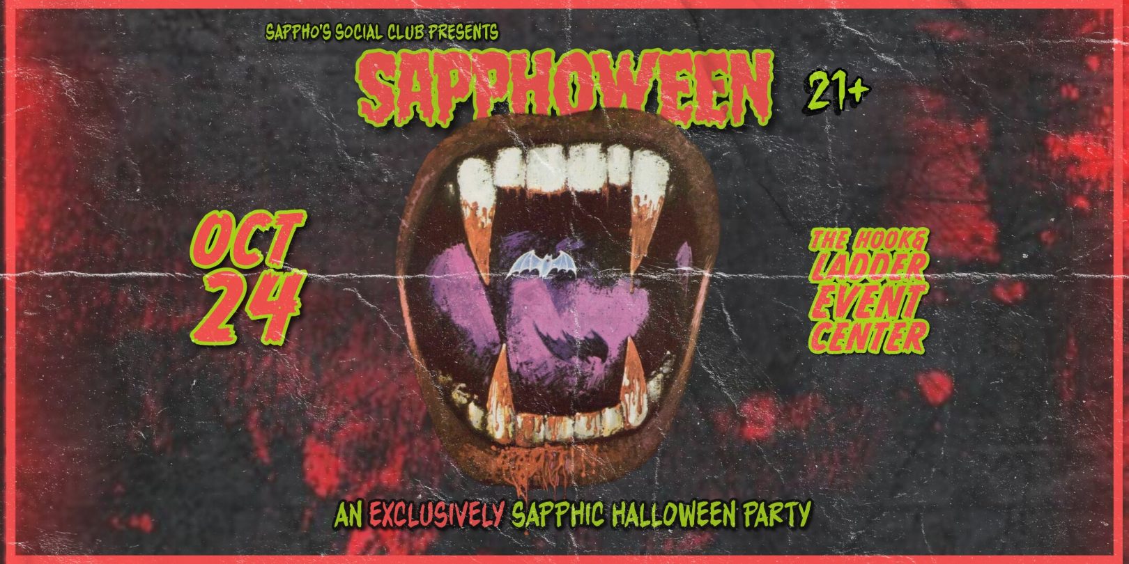 Fangs in mouth in center and text in orange and yellow "SAPPHOWEEN"