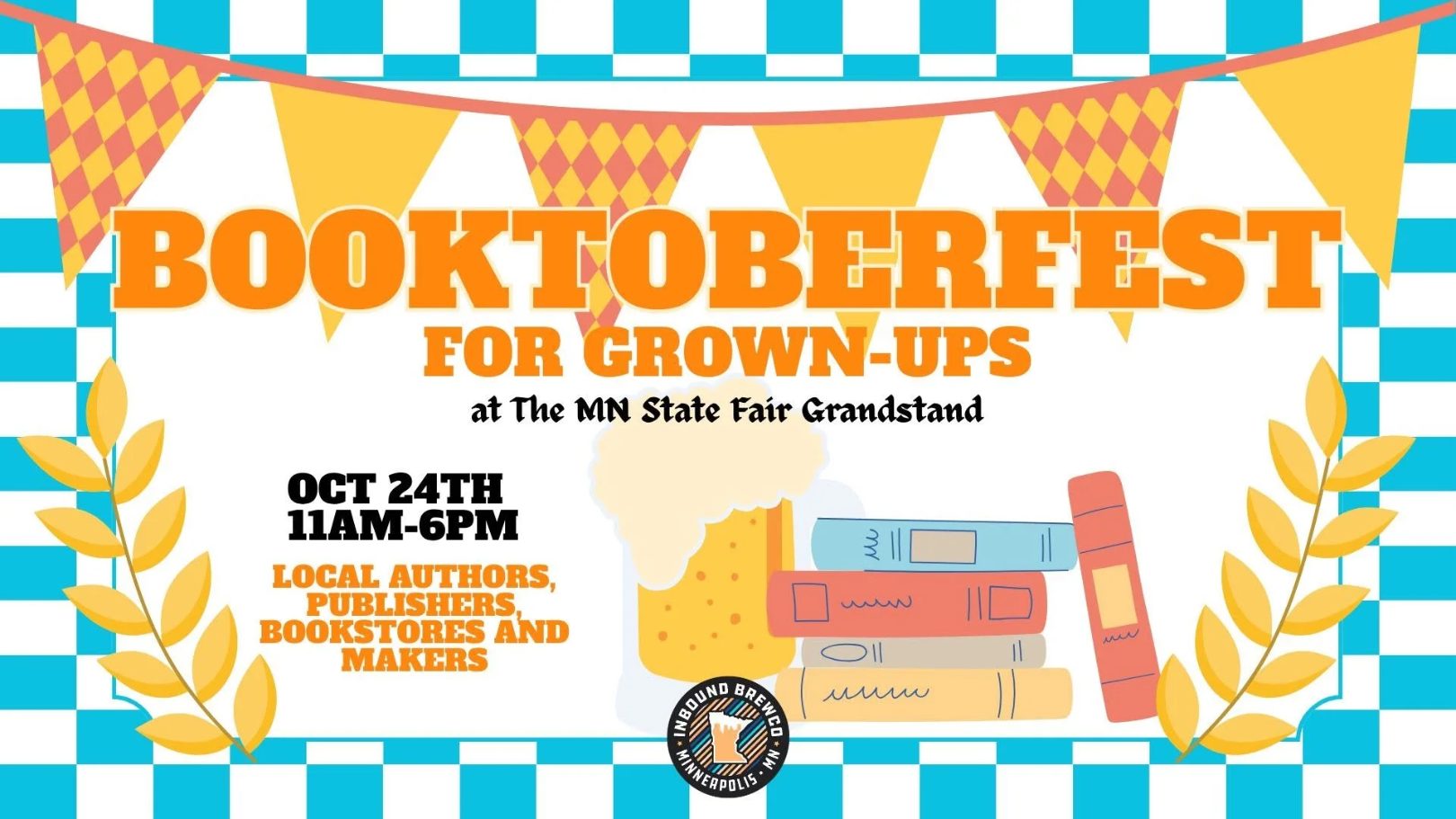 Booktoberfest in orange text with "grown-ups" with event details