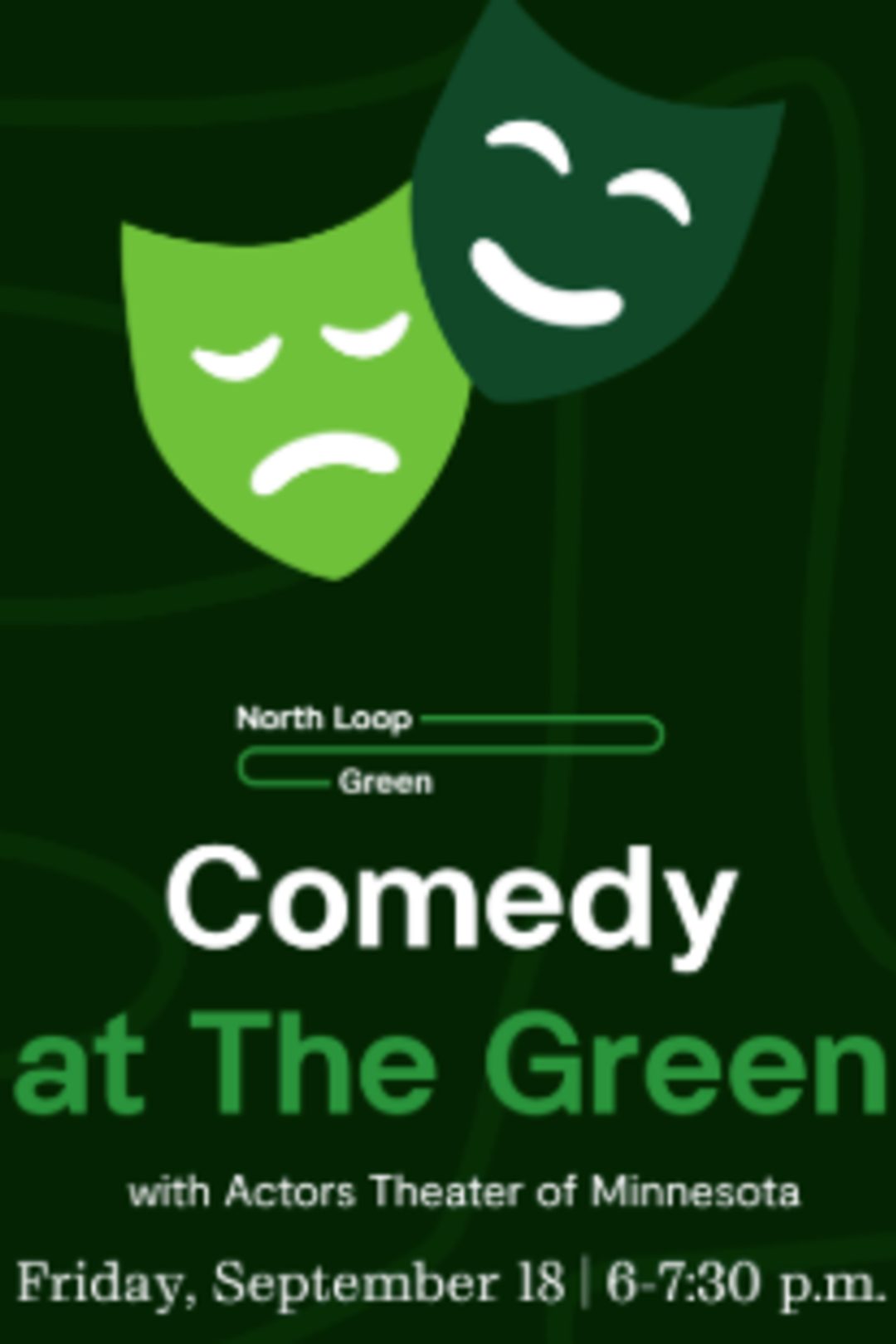 Large words "Comedy at the green" with event details