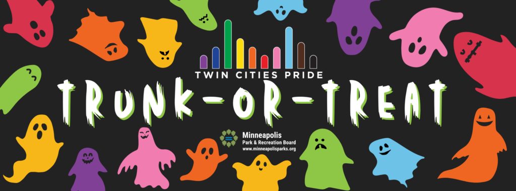 "Trunk or Treat" in white text with different colored ghosts surrounding the text