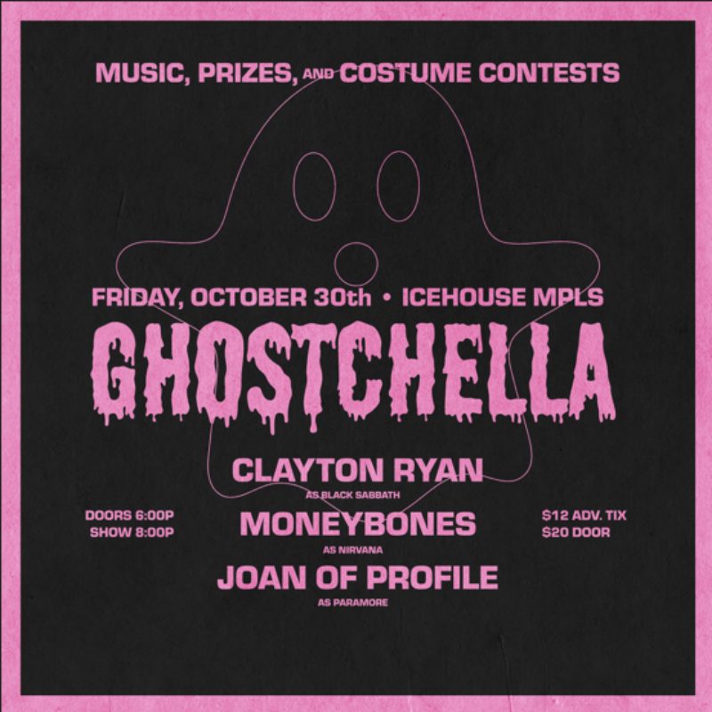 Pink border black background "GhostChella" written in pink text with event details