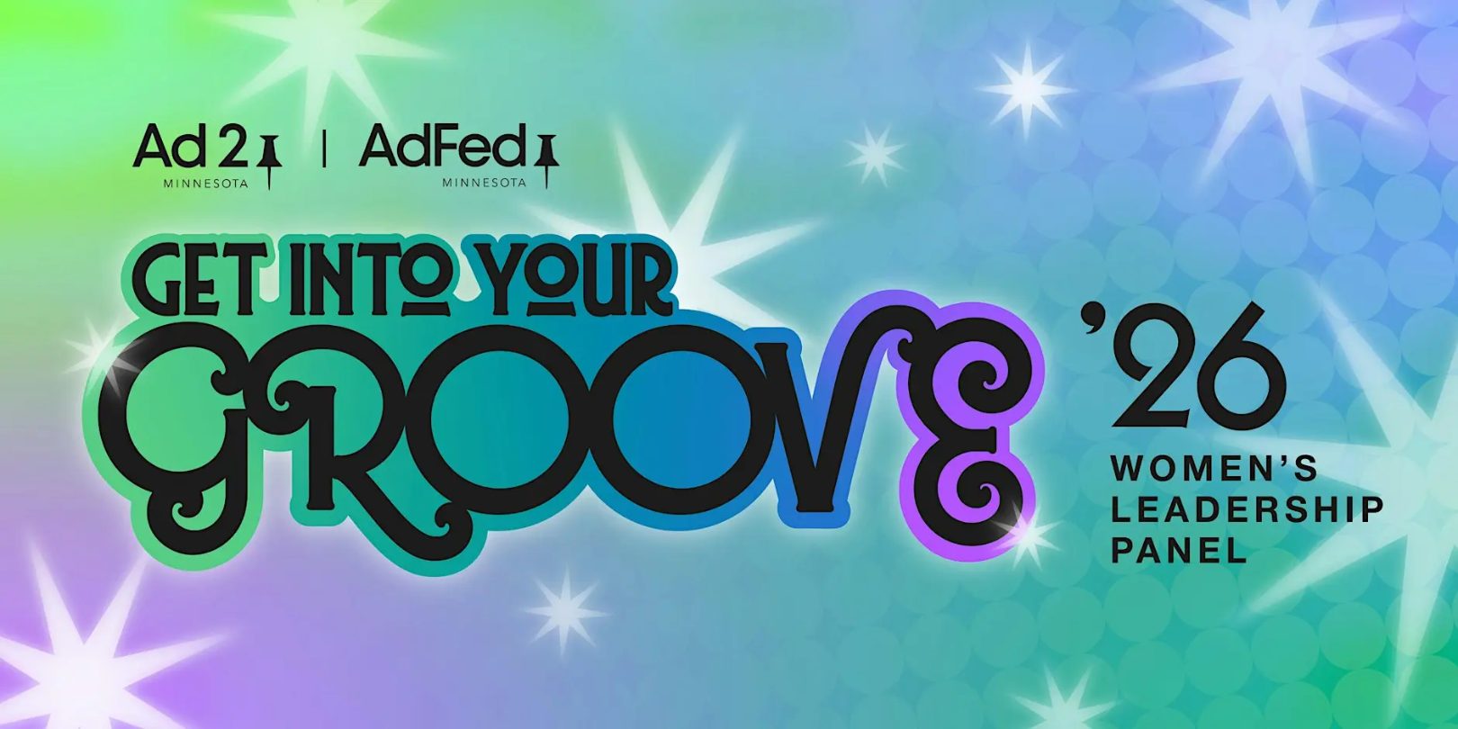Get into your groove text over purple, green, blue display
