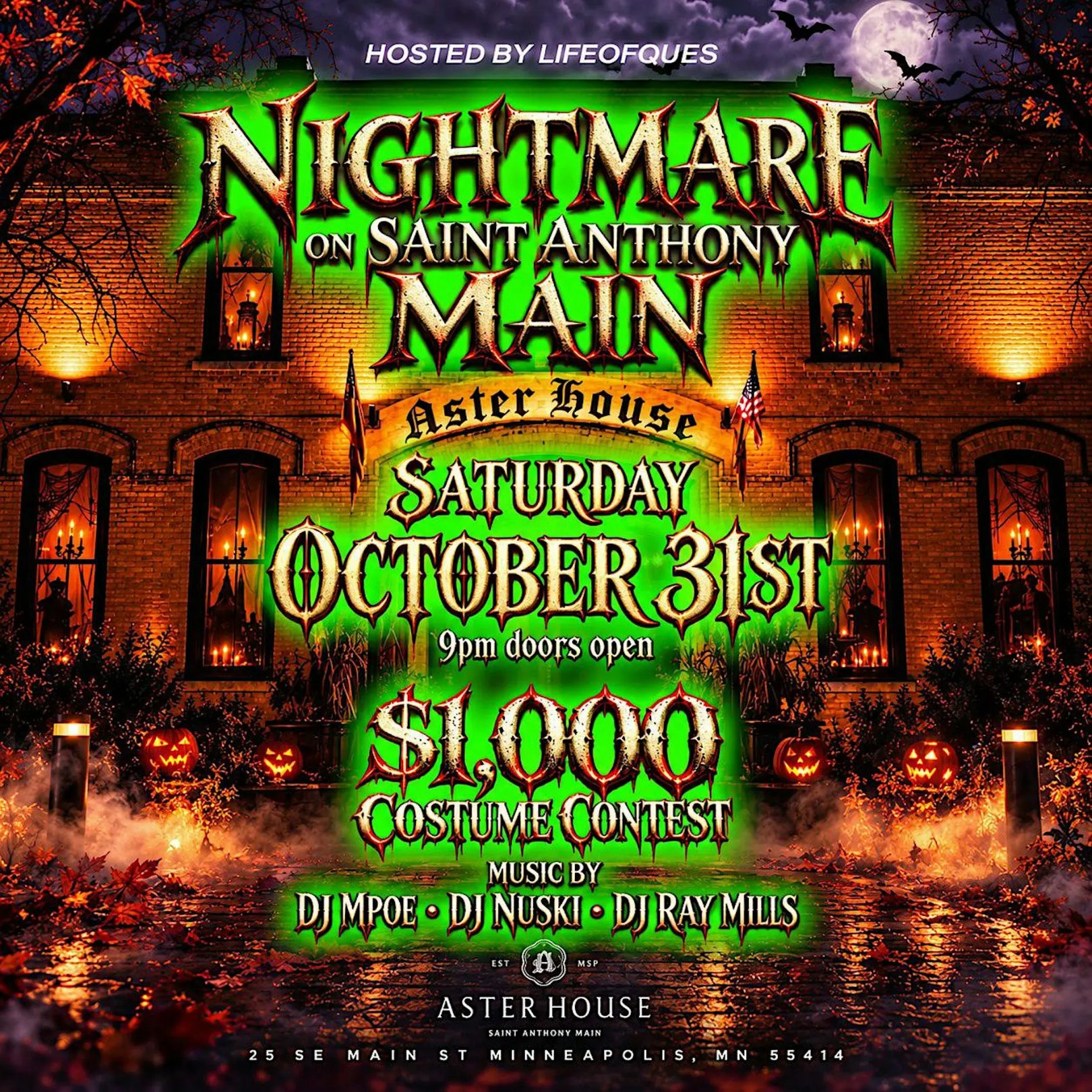 Text "nightmate on saint anthony main" with event details and a haunted house in the background