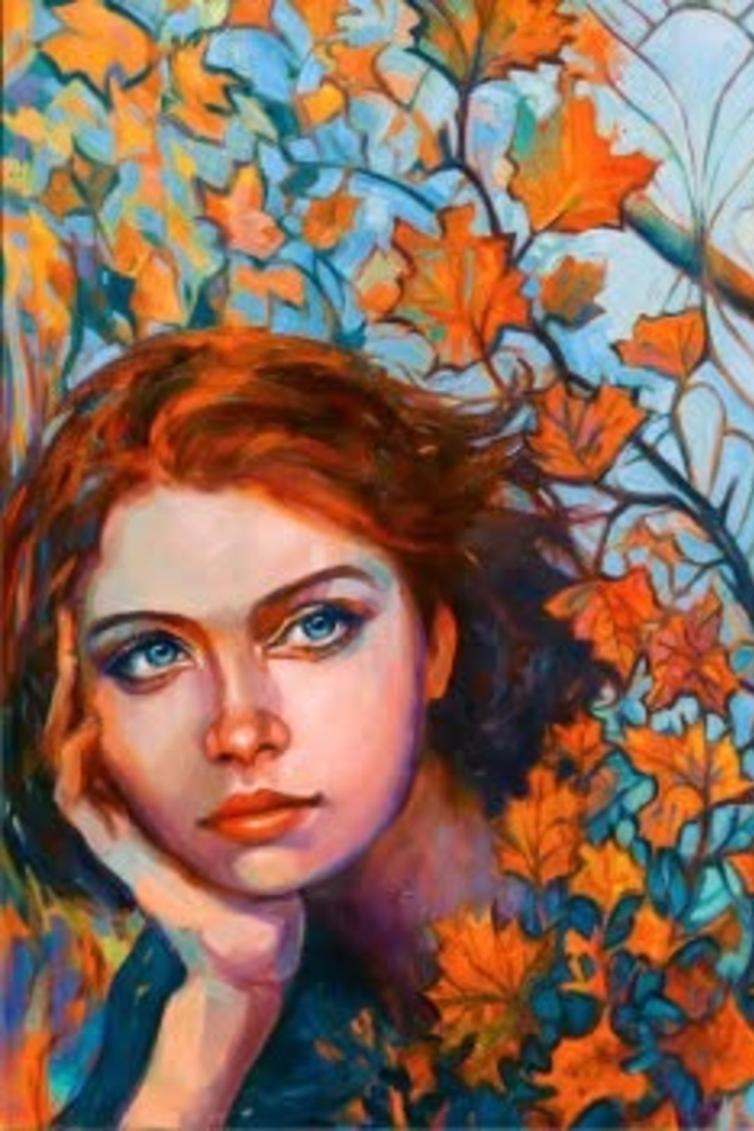 A painted picture of a woman with red hair and fall leaves